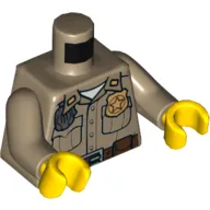 Torso Shirt Button Down with Pockets, Radio, Gold Police Badge and Dark Brown Belt Print, Dark Tan Arms, Yellow Hands