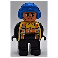Duplo Figure, Early, Aviator Hat Blue, Black Legs, Orange Harness with Fire Badge, Headset Print