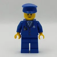 Pilot, Blue Jacket with Plane Logo and Blue Tie, Blue Legs, Blue Hat, Smile, Reddish Brown Eyebrows
