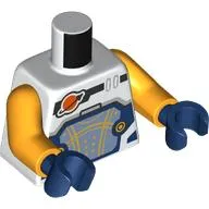 Torso Space Suit, Dark Blue and Sand Blue Panel, Gold Lines, Classic Space Logo Print, Bright Light Orange Arms, Dark Blue Hands