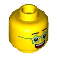 Minifig Head Birthday Boy, Green Star Glasses, Big Smile with Tongue and Teeth Print