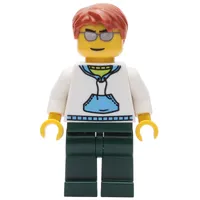 Man, White and Blue Hoodie, Dark Green Legs, Dark Orange Hair, Sunglasses