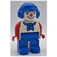 Duplo Figure, Early, Aviator Hat Blue, Blue Legs, Blue Scarf, Red Arms, Clown Face Paint