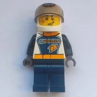 Racer, Dark Blue and White Jumpsuit with 'GEAR', White Helmet with 'G' and Visor