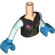 Minidoll Torso Girl with Black Top with Flower Print, Light Aqua Sleeves and Dark Azure Gloves Print