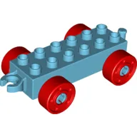 Duplo Car Base 2 x 6 with Fake Bolts, Open Hitch End and Red Wheels