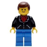 Man, Black Jacket over Red Shirt, Blue Legs, Brown Hair