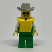 Man, Green Jacket, Green Legs, Light Gray Cowbot Hat, Yellow Life Vest, Blue Sunglasses