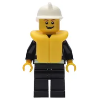 Fireman, Black Fire Jacket with Reflective Stripes, Radio, and Badge, White Helmet, Yellow Life Vest 2610, Open Mouth