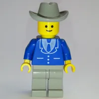 Man, Blue Jacket with Tie and Three Buttons, Light Gray Legs, Light Gray Cowboy Hat (3626a Head)