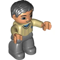 Duplo Figure with Parted Wavy Hair Black, with Dark Bluish Gray Legs, Tan Sweater, and Brown Eyes