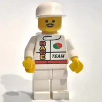 Racer, White Jacket with Octan Logo and 'RACE' and 'TEAM', White Legs, White Cap, Moustache