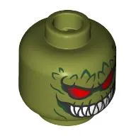 Minifig Head Killer Croc, Dark Green Scales, Red Eyes, Wide Mouth, Sharp White Teeth