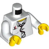 Torso Hospital Lab Coat, Open Collar, Stethoscope, Pocket Pen and Thermometer Print, White Arms, Yellow Hands