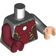 Torso, Odd Arms and Hands, Iron Man Armor Print, Left Dark Bluish Grey Arm and Dark Bluish Gray Hand, Right Dark Red Arm and Black Hand