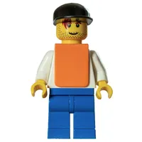 White Torso, Orange Vest, Blue Legs, Black Cap, Smile