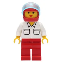 Woman, White Shirt with Pockets, Red Legs, Red Helmet with Stars and Visor