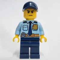 Policeman, Bright Light Blue Shirt with Dark Blue Tie, Badge, and Radio on Belt, Dark Blue Cap