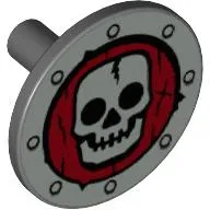 Shield Round Flat with Silver Skull on Dark Red Print