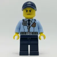 Policeman, Bright Light Blue Jacket with Zipper, Radio, Badge, and Tie, Dark Blue Legs, Dark Blue Cap