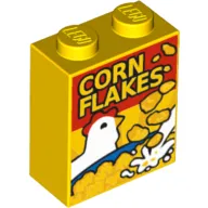 Brick 1 x 2 x 2 with Inside Stud Holder with Cereal Box with Chicken and 'CORN FLAKES' Print