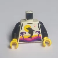 Torso Tank Top with Dolphin, Palm Trees, and Sun, with Magenta, Dark Pink, and Dark Purple Sunset Print, Black Arms, Yellow Hands