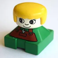 Duplo 2 x 2 x 2 Figure Brick, Rounded Bangs, White Head, Yellow Hair, Brown Apron with Spanner and Pocket, Round Eyes and Eyelashes Print