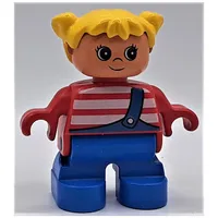 Duplo Figure, Early Child, with Pigtails Yellow, Blue Legs, White Stripes and Blue Overalls with One Strap Print