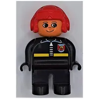Duplo Figure, Early, Aviator Hat Red, Black Legs, Fire Jacket with Zipper Print