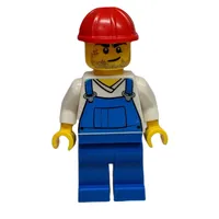 Man, Blue Overalls over White V-Neck Shirt, Red Hard Hat, Stubble and Scar (3626b Head)