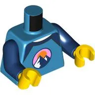 Torso, Emblem with Mountains, Bright Pink Sky, Orange Sun, Dark Blue Collar print, Dark Blue Arms, Yellow Hands