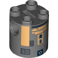 Brick Round 2 x 2 x 2 Robot Body, Axle Holder '+' Orientation with Metallic Gold Astromech Droid Print (R8-B7)