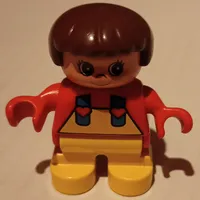 Duplo Figure, Early Child, with Straight Hair Brown, Yellow Legs, Yellow Overalls and Hearts on Straps Print