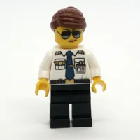 Pilot, Woman, White Shirt with Tie and Wings Badge, Black Legs, Reddish Brown Hair, Sunglasses