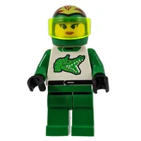 Racer, Woman, Green and White Outfit with Crocodile, Green Helmet with Flames and Visor