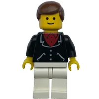 Man, Black Jacket over Red Shirt, White Legs, Brown Hair