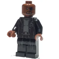 Nick Fury in Long Black Coat Over Gray Sweater, Line on Hips