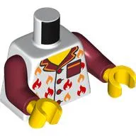 Torso, White Shirt, Dark Red Collar, Orange/Red Flames print, Dark Red Arms, Dark Bluish Gray Hands