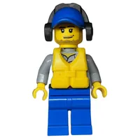 Coast Guard, Light Bluish Gray Shirt with Badge, Blue Cap, Ear Defenders, Yellow Life Vest, Stubble