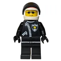 Policeman, Black Jacket with Zipper and Badge, White Helmet with 'POLICE' and Black Visor, Sunglasses