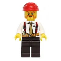 Construction Worker, White Shirt with Tie and Suspenders, Red Hard Hat, Mutton Chops and Moustache
