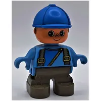 Duplo Figure, Early Child, with Helmet Blue, Dark Gray Legs, Straps and Zipper Print