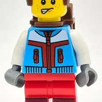 Skier, Azure and Red Suit, Reddish Brown Backpack and Hair