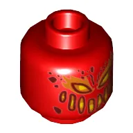 Minifig Head Flama, Dark Red, Yellow and Orange Eyes, Wide Mouth, Dark Red Spots, Flames on Back Print [Hollow Stud]