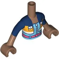 Minidoll Torso Girl with Medium Brown Arms and Hands with Dark Blue/Bright Light Orange Jacket, Bright Light Blue Dress, Coral Belt, Zipper print