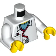 Torso Lab Coat, Stethoscope, Pocket, Pens, Blue Shirt Print, White Arms, Yellow Hands
