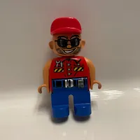 Duplo Figure, Early, Cap Red, Blue Legs, Shirt with Pockets and Wrench, Belt with Silver Buckle, Sunglasses and Beard Print