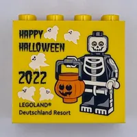 Brick 2 x 4 x 3 with 'LEGOLAND Deutschland Resort HAPPY HALLOWEEN 2022', Skeleton Cosume Minifig Print