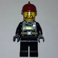 Fireman, Black Fire Suit with Gauge and Straps, Black Legs, Dark Red Helmet, Beard