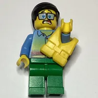 Man, Sunset Shirt with Palm Trees, Green Legs, Yellow Life Vest, Glasses